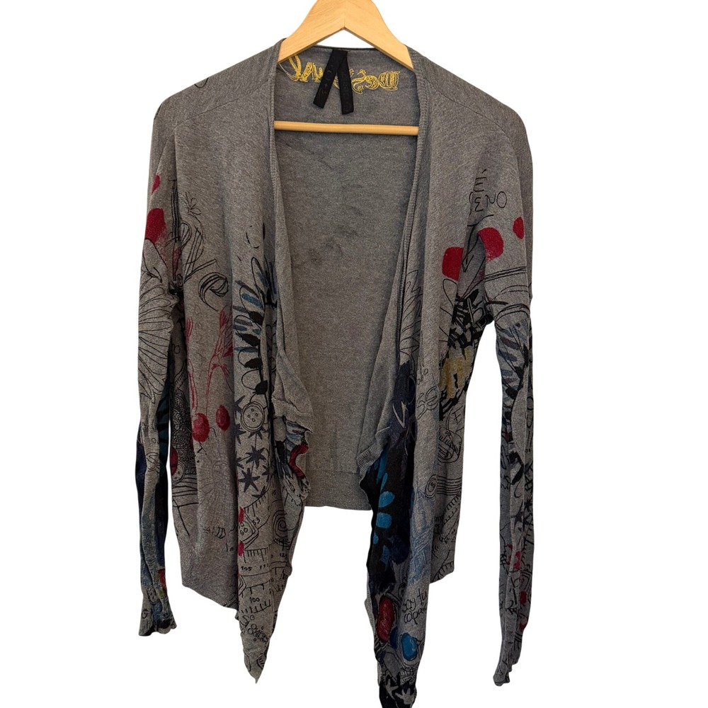 Desigual Cardigan Womens Small Gray Excellent Graffiti Doodle Print Open Front